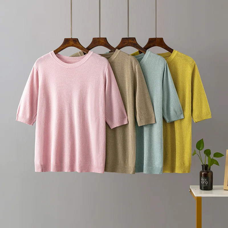 

New Summer Lurex Glitter T Shirt Women's Bling Knitted Loose Short Sleeves Top O-Neck Shiny T Shirts Kintwear Female T-shirt