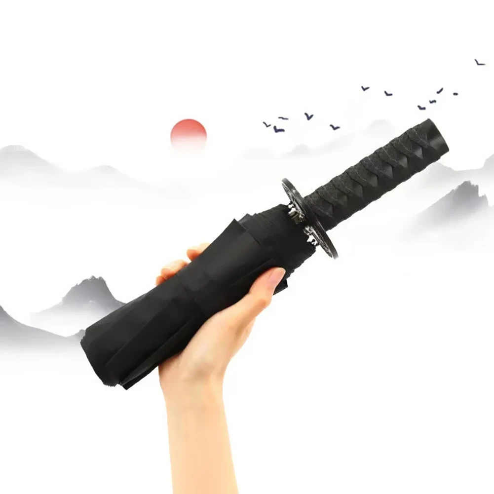 

Katana Umbrella Auto 3-fold Umbrellas for Men 8 Bone Japanese Umbrella Black Silver Metal Handle Outdoor Sun Rain UV Umbrellas
