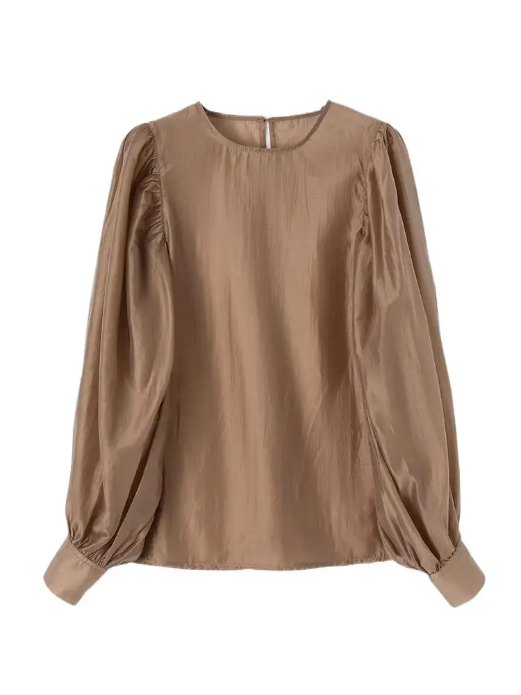 

Spring Rayon Feminine Round Neck Shirts Long Sleeves Loose Versatile Lightweight Temperament Solid One Buckle On The Back Tops