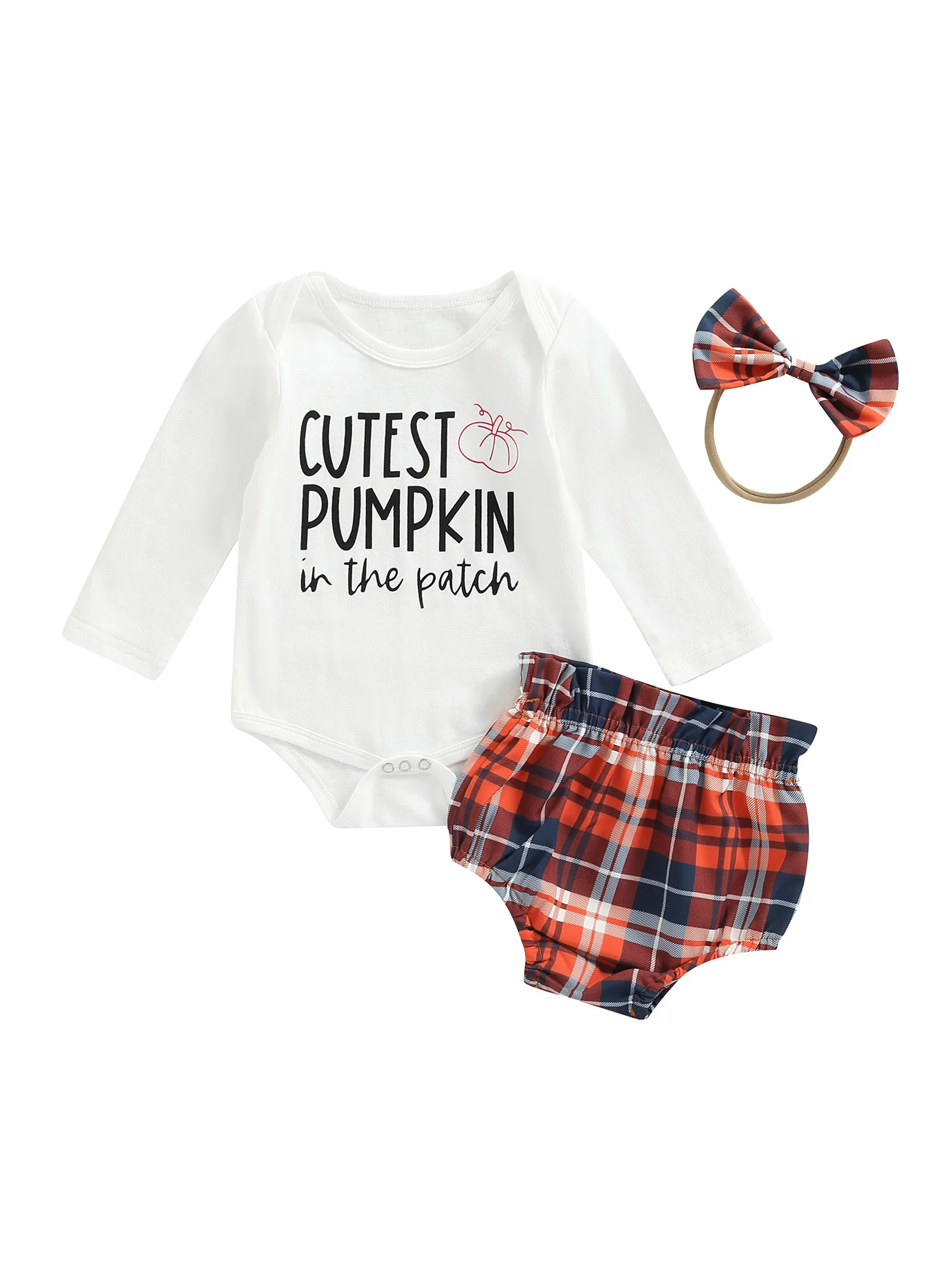 

Infant Baby Halloween Clothes Set Long Sleeve Round Neck Letter Pumpkin Print Romper Plaid Shorts Bow Headband