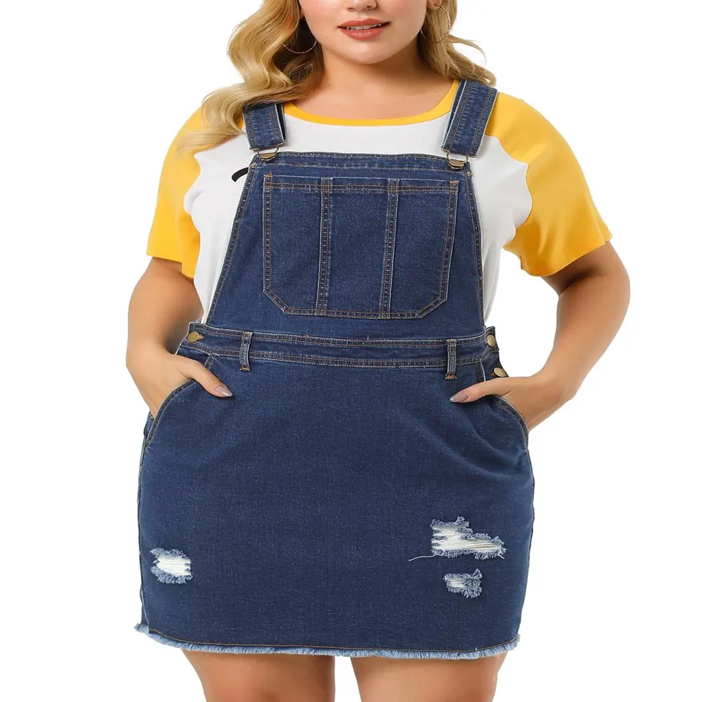 

HMCN Women`s Plus Size Raw Hem Denim Suspender Ripped Overall Dress