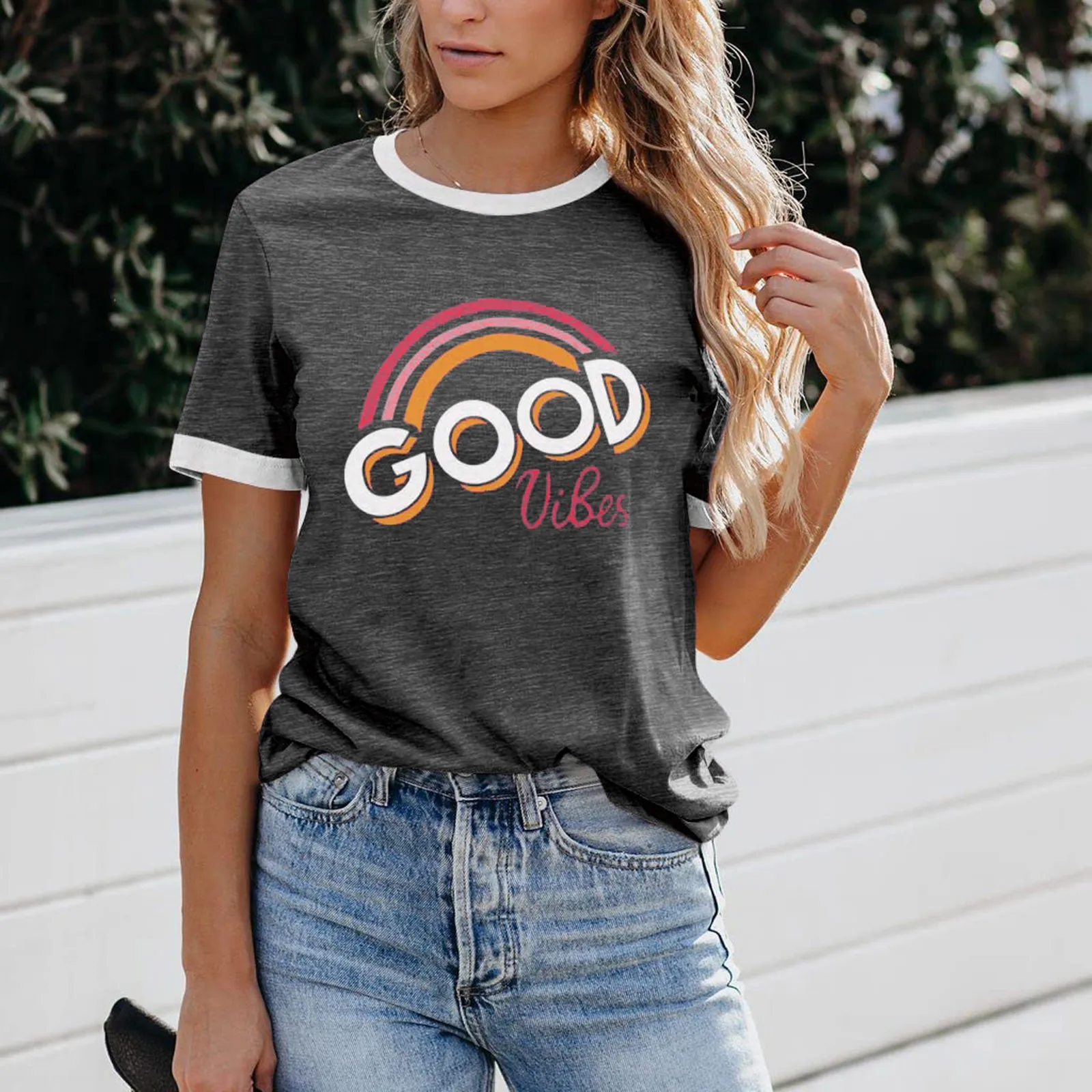 

Rainbow Letter Printed T Shirt For Women Crew Neck Short Sleeve Loose Fit Tee Tops Causal Streetwear T-Shirts Camiseta Ropa