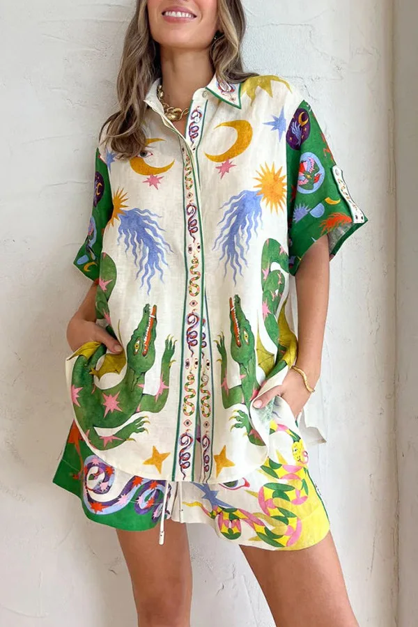 

Fashion Cartoon Animal Print Casual Two Piece Sets Women 2023 Summer Home Pajamas Loose Shirts & Elastic Waist Shorts Set