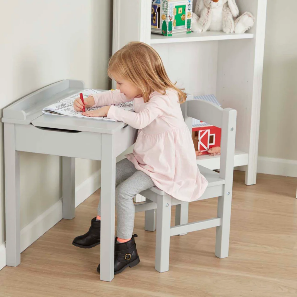 

Wooden Lift-Top Desk & Chair - Gray Kids School and Table Set