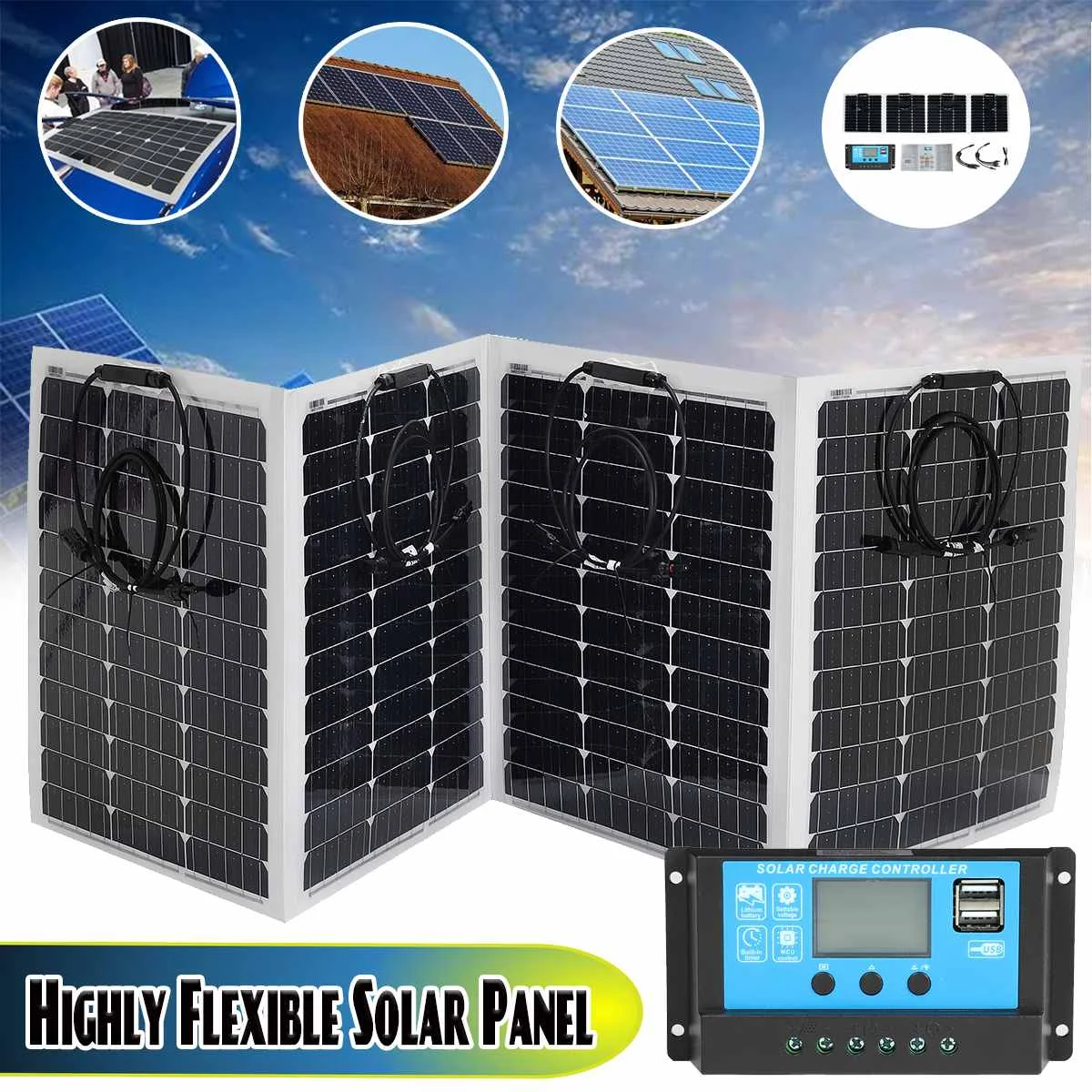 

50W/100W/150W/200W Fodable Flexible Solar Panel Kit Complete 12V 10A Lithum Solar Charge Controller USB Solar Charger Solar Cell