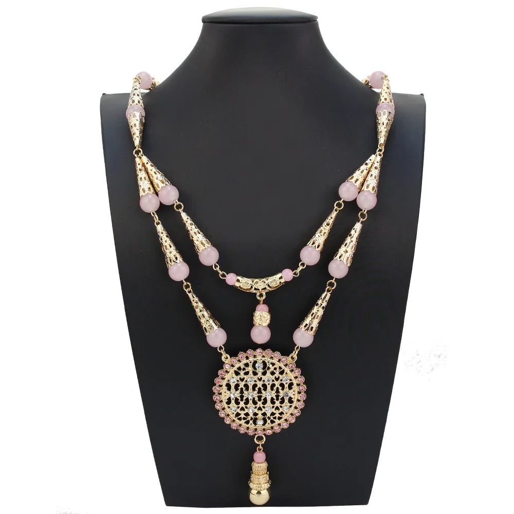 

Sunspicems, арабское женское ожерелье золотого цвета, двухслойная цепочка, ожерелье, круглый натуральный камень, цепочка из бисера, Марокко, Caftan, ...