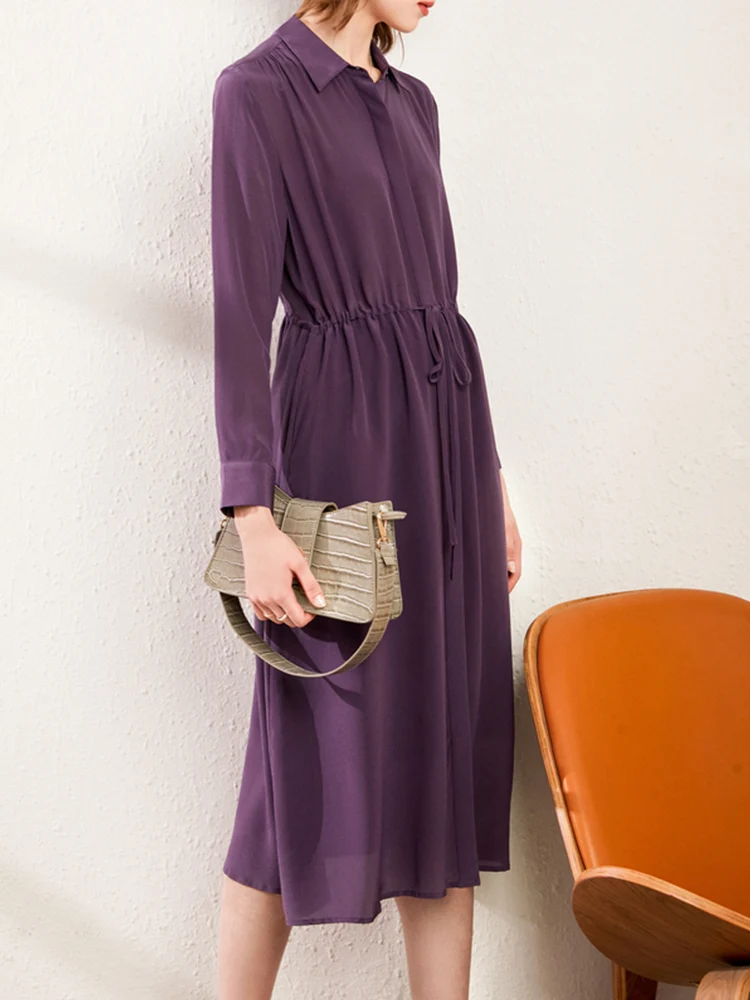 

Purple Silk Long Sleeved Dress Women's Mulberry Silk Minority Design Waist Closing To Show Thin Temperament A-word Shirt Skirt