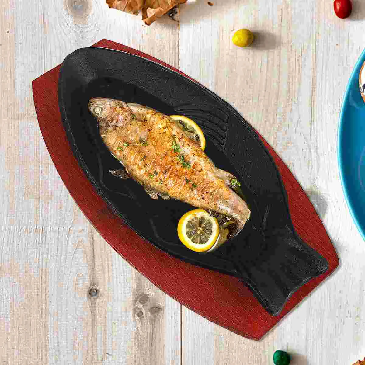 

Grill Plate Household Fried Steak Pan Practical Fry With Wooden Tray Stove Baking Creative Fish Shaped Frying Non-stick