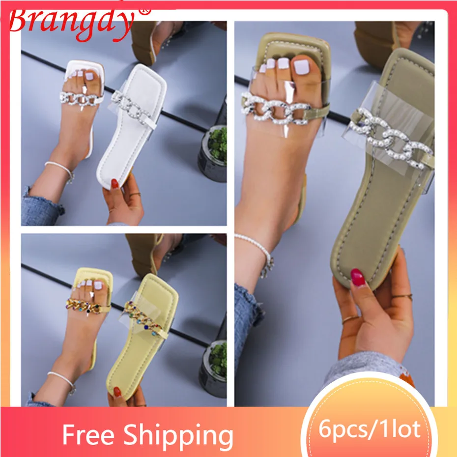 

6pairs Wholesale Women Plat Sandals Summer Casual Slippers Female Light Chain Flip Flops Rubber Soles Square Transparent B9332