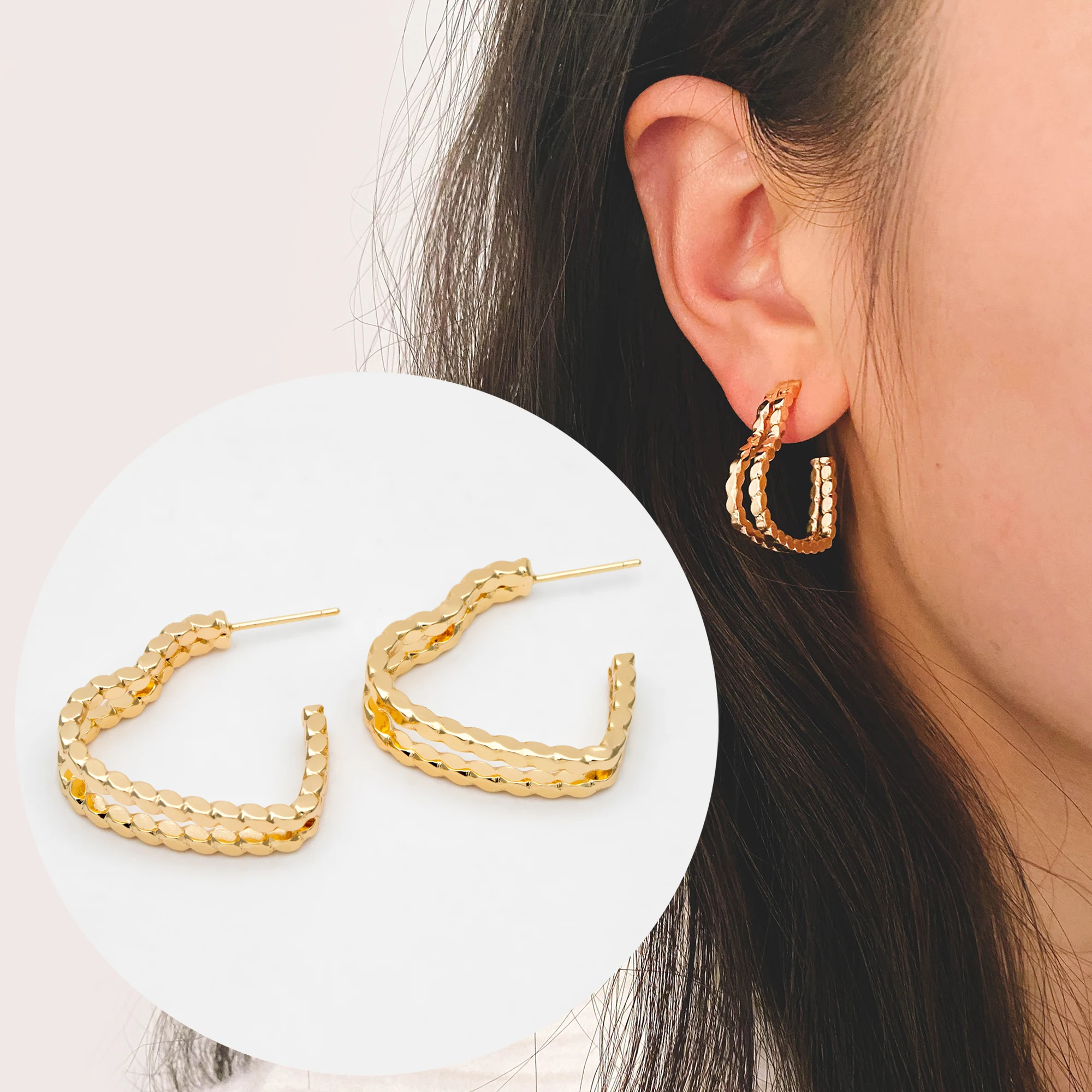 

4pcs Heart Textured Hoop Earring, Gold Plated Brass Geometric Earrings For Jewelry Making Diy Material Supplies (GB-3420)