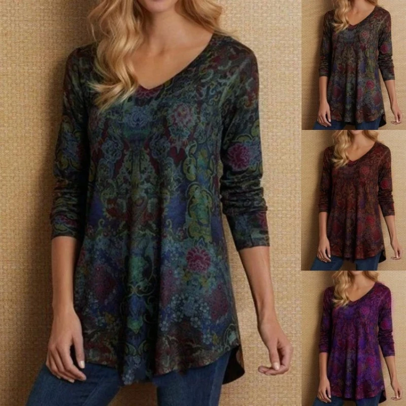 

2022 V Neck Casual Full Print Women T Shirts Harajuku Long Sleeve Loose Tops Winter Fashion Harajuku Elegant Aesthetic Clothes