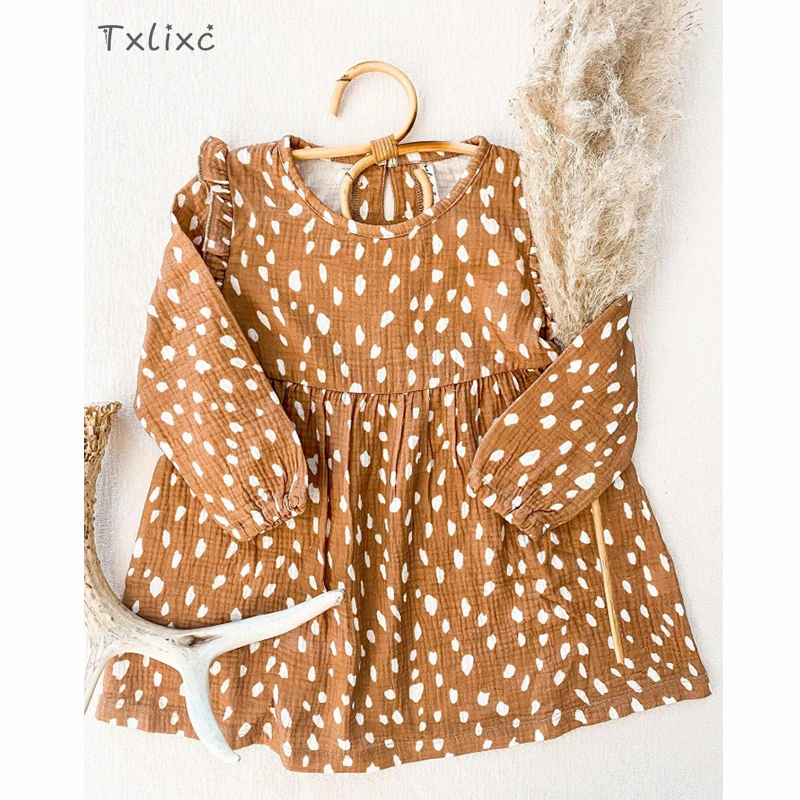 

Txlixc Girls Casual Dress Irregular Dot Print Ruffle Long Sleeve Round Neck Loose Cute Princess Dress Toddler Fall Clothes