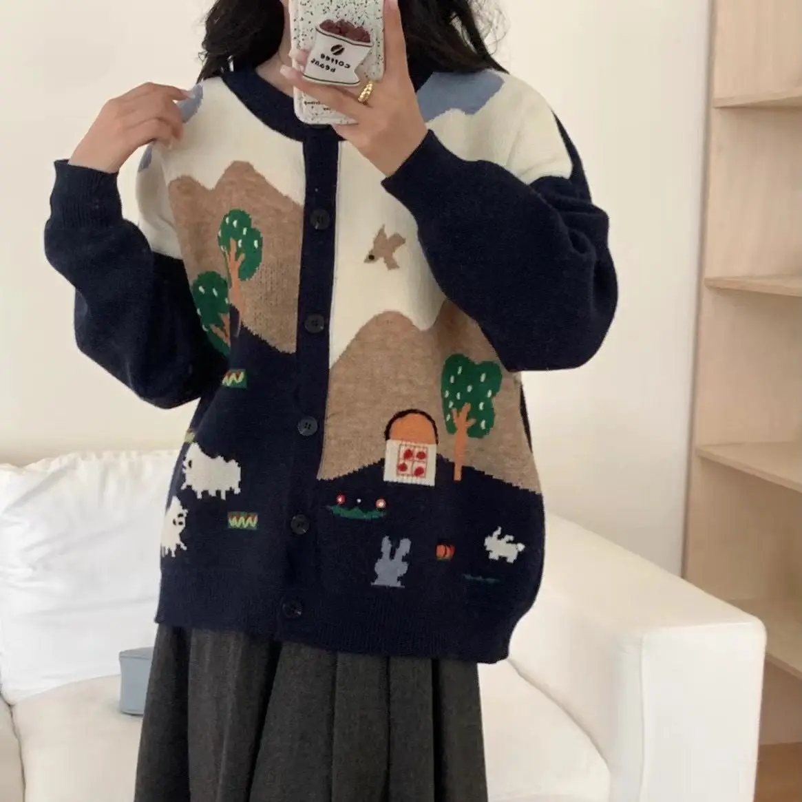 

Retro Japanese Lazy Jacquard Women Sweater Cardigan Autumn Winter Age-reducing Chic Female Jacket Coat