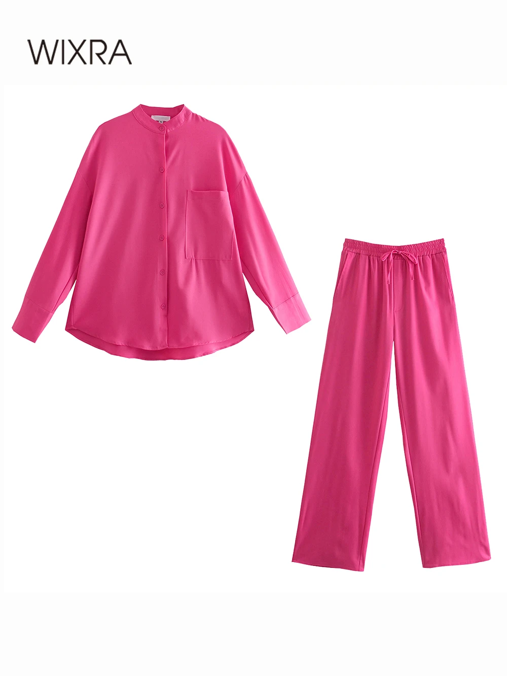 

Wixra Женский комплект, блузка, Стильная однотонная рубашка с воротником-стойкой + свободные штаны, Повседневная Уличная одежда с карманами, комплект из 2 предметов, одежда
