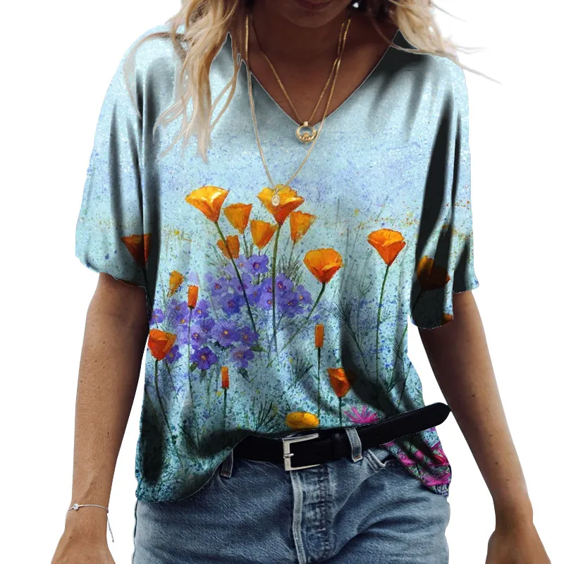 

Футболка женская с цветочным принтом, повседневный Свободный Топ с V-образным вырезом, винтажная уличная одежда с коротким рукавом, на лето