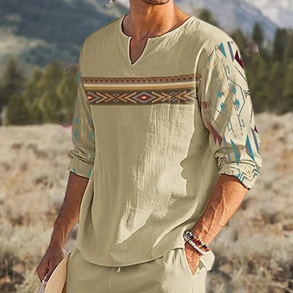 

V-neck T-shirt Retro Forest Dandelion Print Men's Casual Long-sleeved T-shirt Ethnic Pullover Tops Vacation Home Casual Wear