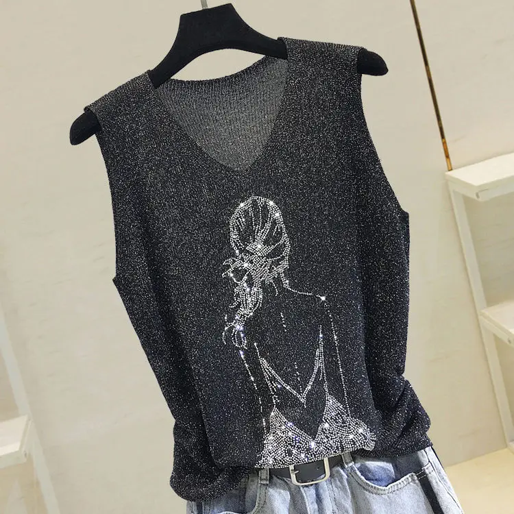 korean Bling Lurex diamond Summer knit Tank Top for Women ice silk Sleeveless Knit vest White Black Women's loose Camisole tops |
