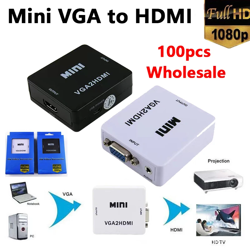 

100pcs Wholesale Mini VGA to HDMI-compatible Converter VGA2HDMI Video Box Audio Adapter 1080P For Notebook PC HDTV Projector TV