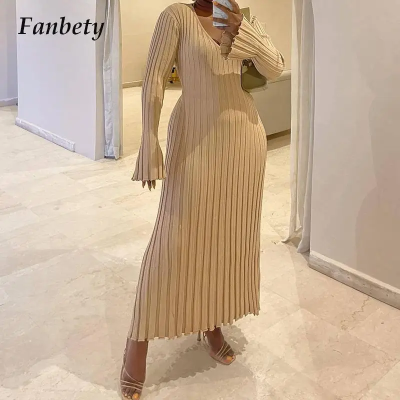 

New Autumn Women Back Bow Lace-up Casual Dress Fashion Solid Color Knitted Long Sleeve Slim Dress Sexy V Neck Striped Long Dress