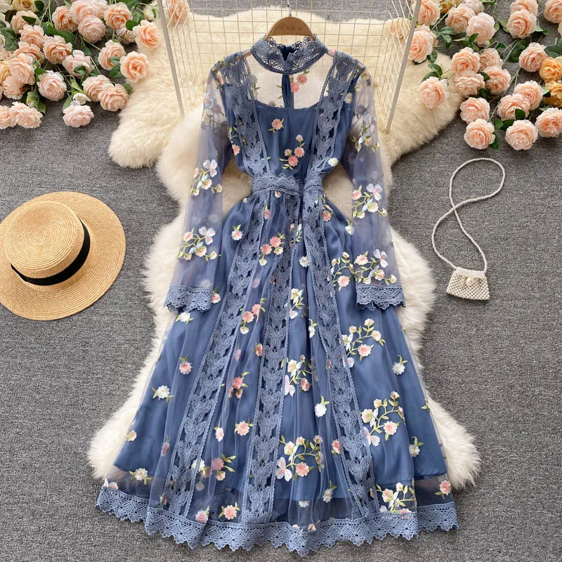 

FTLZZ Spring Autumn Elegant Women Stand Collar Lace Patchwork Dress Vintage Lady Embroidery Floral Print Long Dress