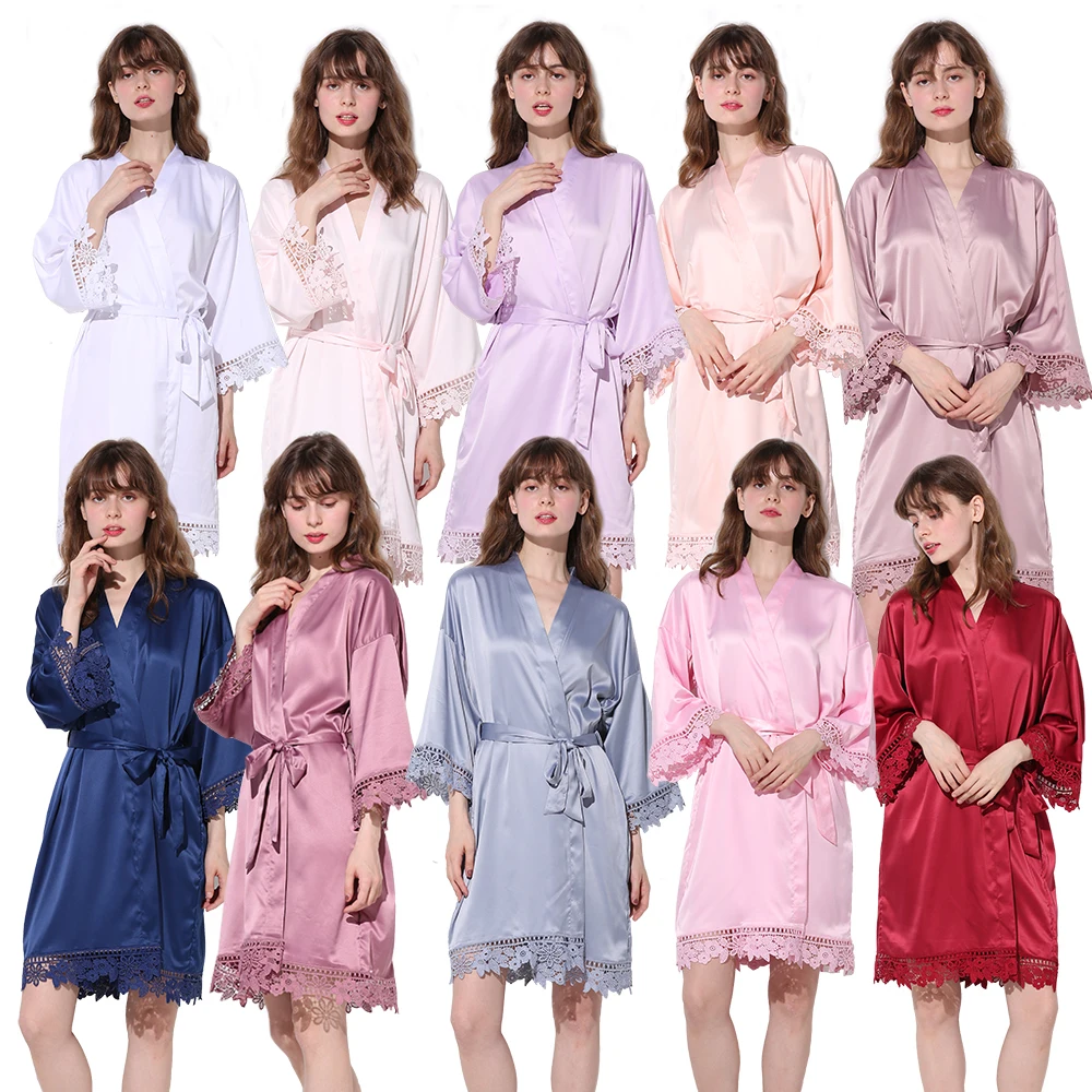 Women Matt Satin Lace Robe Gown Blush Custom Bride Robe Bridesmaid Robes Kimono Robe Bridal Robes Wedding Party