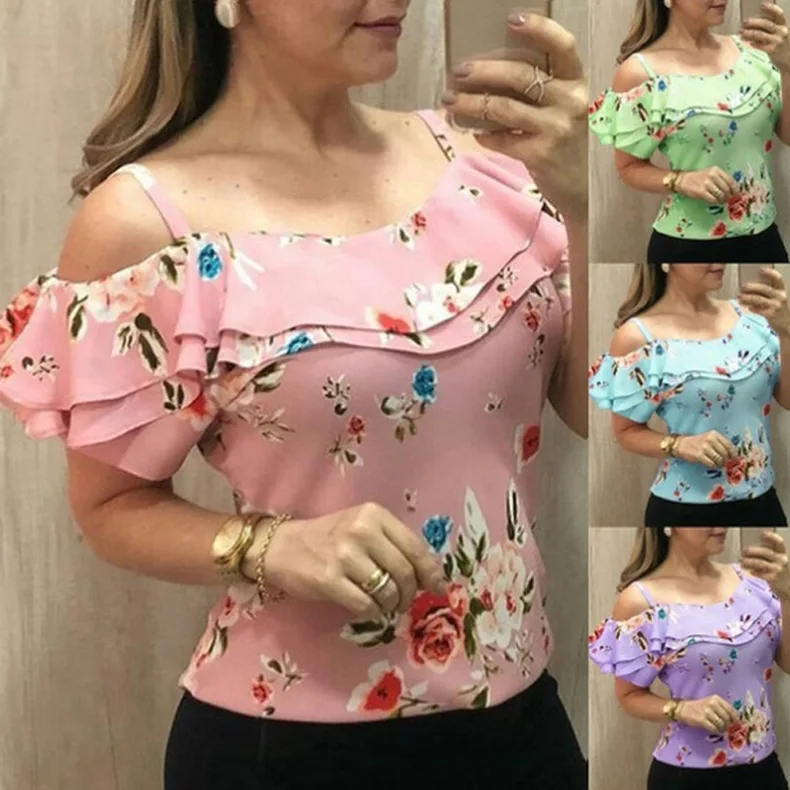 

Summer Floral Print Blouse Women 2022 Elegant New Casual Shirt Off Shoulder Short Sleeve Ruffle Tops Plus Size 5XL