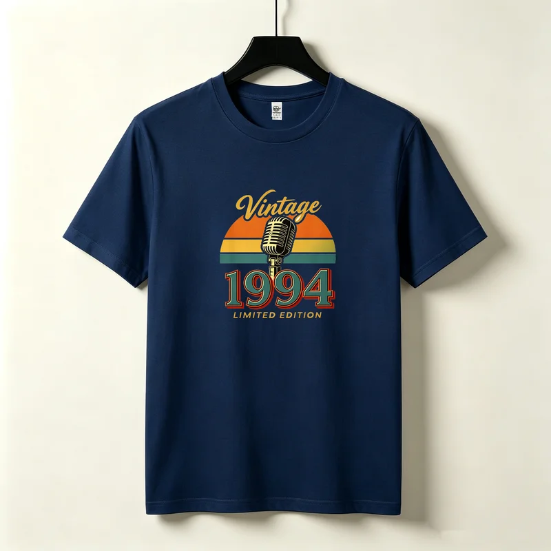 Фото Винтажная футболка с рисунком микрофона и закатом 1994 года, лимитированная серия, унисекс, для женщин и мужчин, хлопковая, летняя, повседневная, подарок на день рождения №1