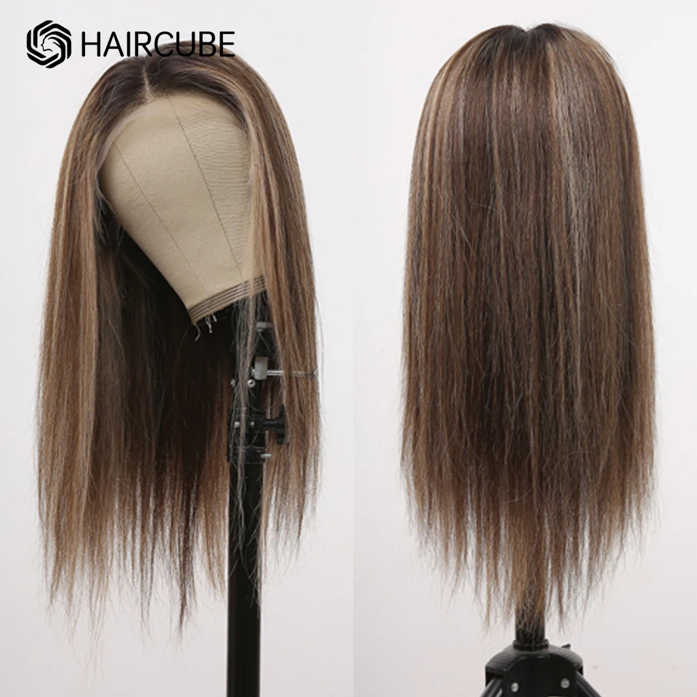 HAIRCUBE-Peluca de cabello humano liso de 18 pulgadas para mujer, postizo de encaje frontal 13x1 T, color marrón oscuro