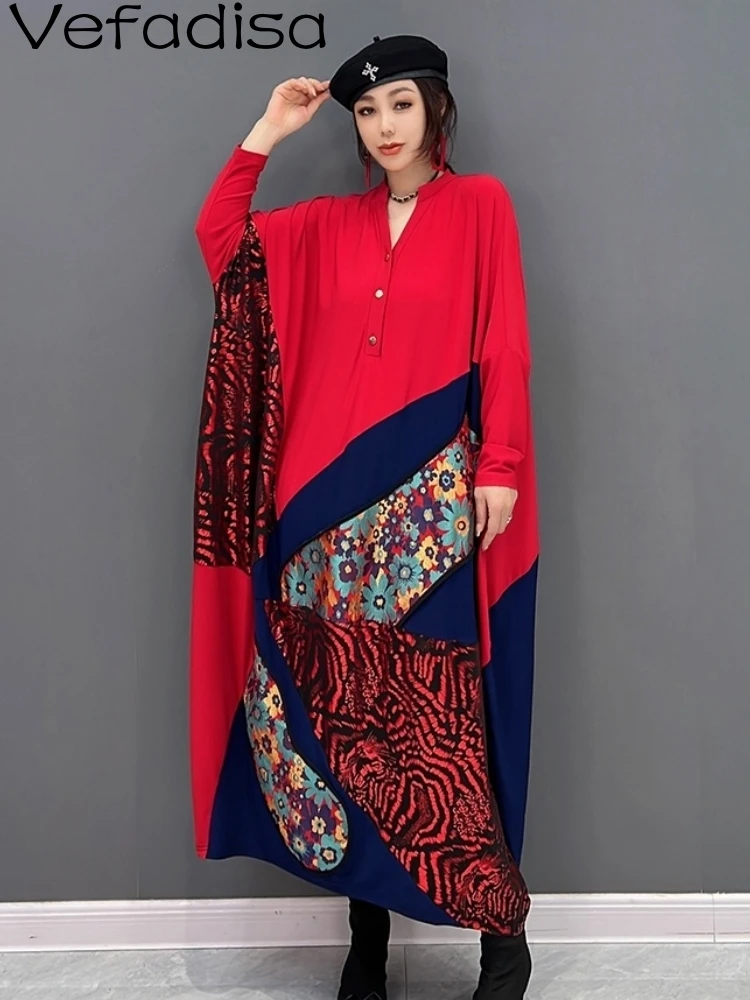 

Vefadisa 2023 Autumn Fashion V-Neck Pullover Dress Loose Mid-length Printing Color Blocking Bat Sleeve Dress Red Women's LHX3852