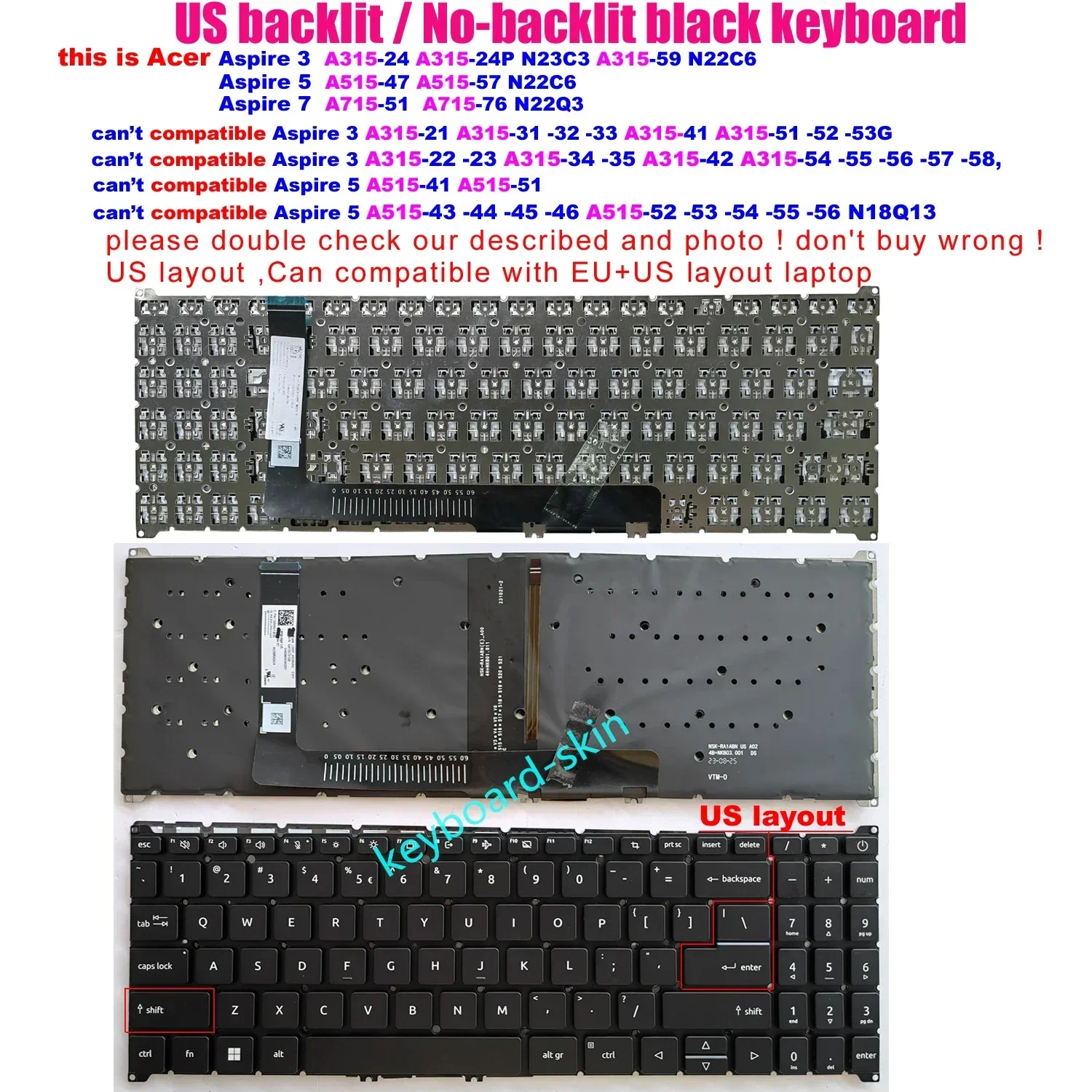 Клавиатура США с подсветкой без подсветки для Aspire 3 A315-24 N23C3 A315-59 5 A515-47 A515-57 N22C6 7