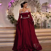 caroline dark red taffeta evening dress 2022 burgundy long sleeves beads arabic prom gowns vestidos celebrity party custom made