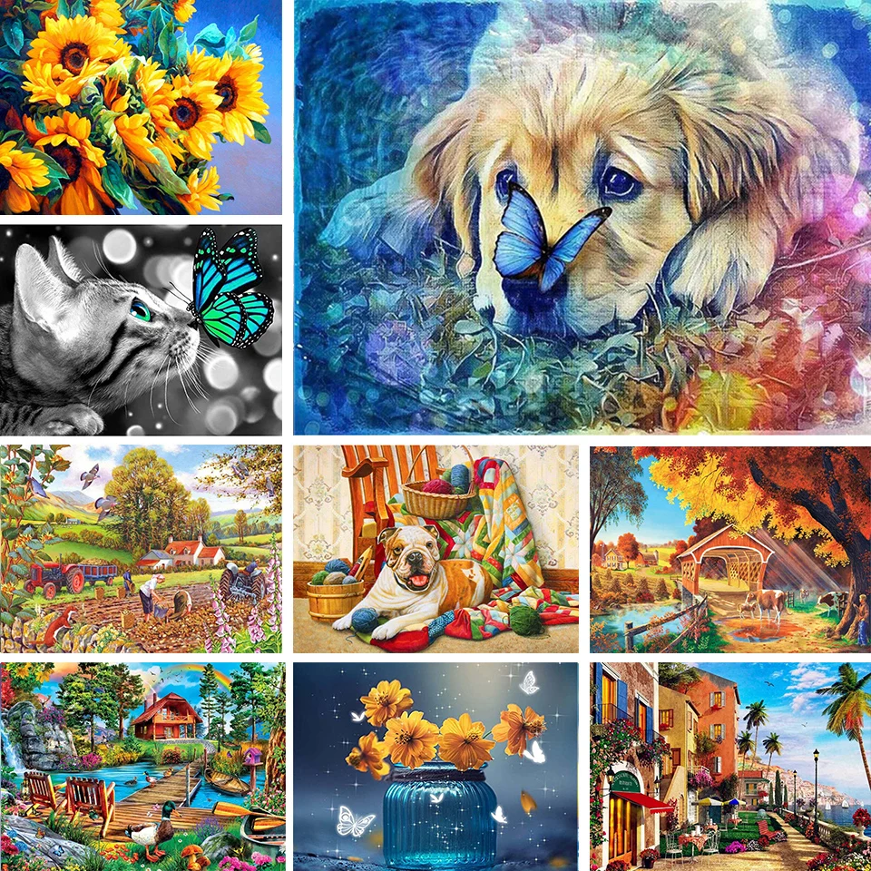 

Алмазная 5D картина «сделай сам», Набор для вышивки крестиком с кошкой, собакой, цветами, уличным ландшафтом, полноразмерная мозаика, домашни...