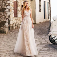elegant a line v neck wedding dress 2022 simple sleeveless lace appliques bridal gown illusion tulle backless button sweep train