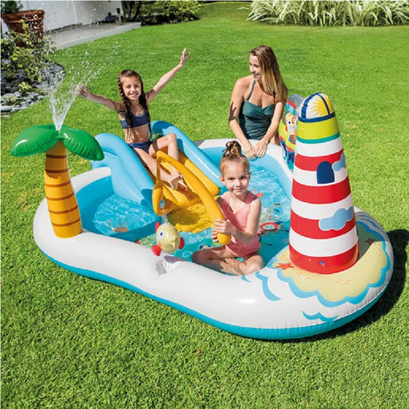 INTEX 218×188×99CM Ocean Slide Water Jet Inflatable Swimming Pool Paddling Pool Baby Sand Pool Ocean Ball Pool 57162