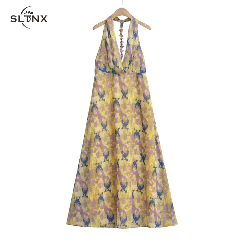 

SLTNX Fashion Print Dresses For Women Summer Hanging Neck Female Midi New Dress Ladies Chic Backless Sexy Casual Dresses