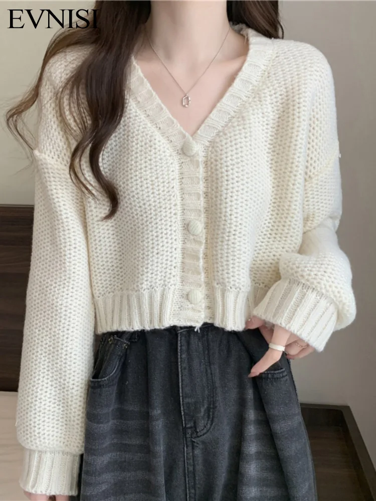 

EVNISI Women Slim Sweater Cardigan V-Neck Button Up Casual Solid Knitting Sweater Coat Sweet For Women Cardigan Coat Autumn 2023