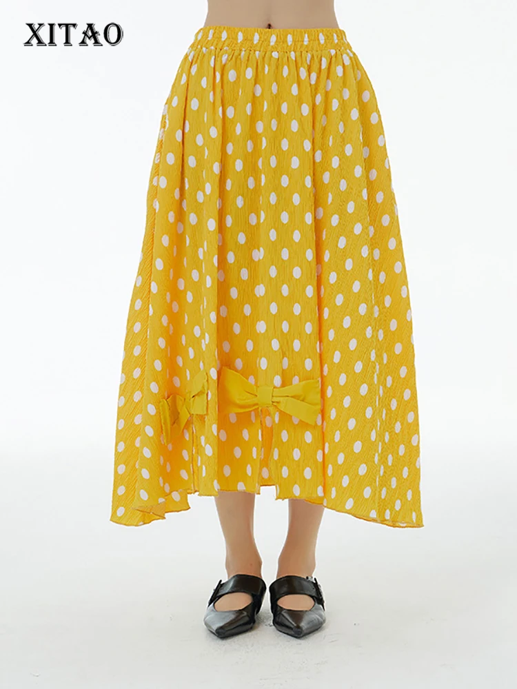 

XITAO Polka Dots Print Skirt Loose Fashion Contrast Color Irregular Bow Splicing Hem Summer New Simplicity Casual Women WMD6851