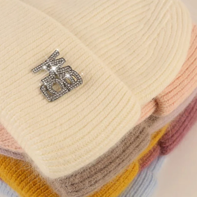 21 Colors Real Rabbit Fur Beanies Winter Hat for Woman Luxury Rhinestones Letter Knit Bonnet Lady Autumn Warm Skullies |