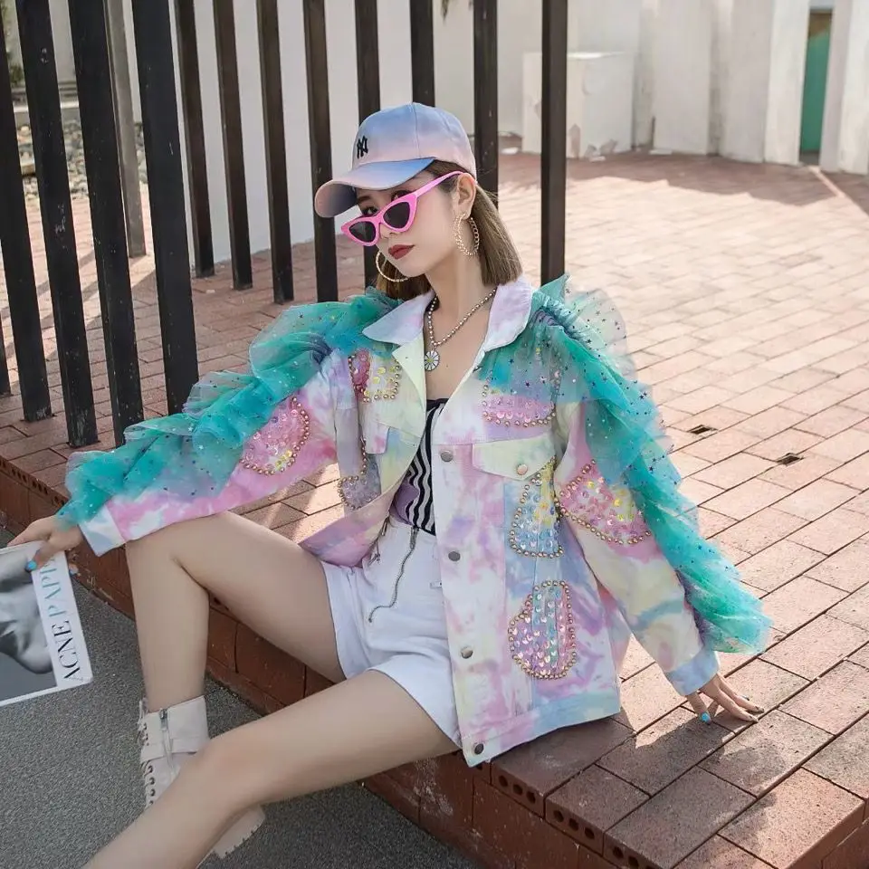 

Новинка Осенняя Тяжелая промышленная куртка с заклепками для женщин в иностранном стиле бриллиантовые блестки контрастная джинсовая куртка с контрастной сеткой