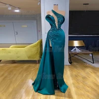 sexy prom dresses for woman formal party with sequin beading slit dance evening gown satin illusion one shoulder floor length