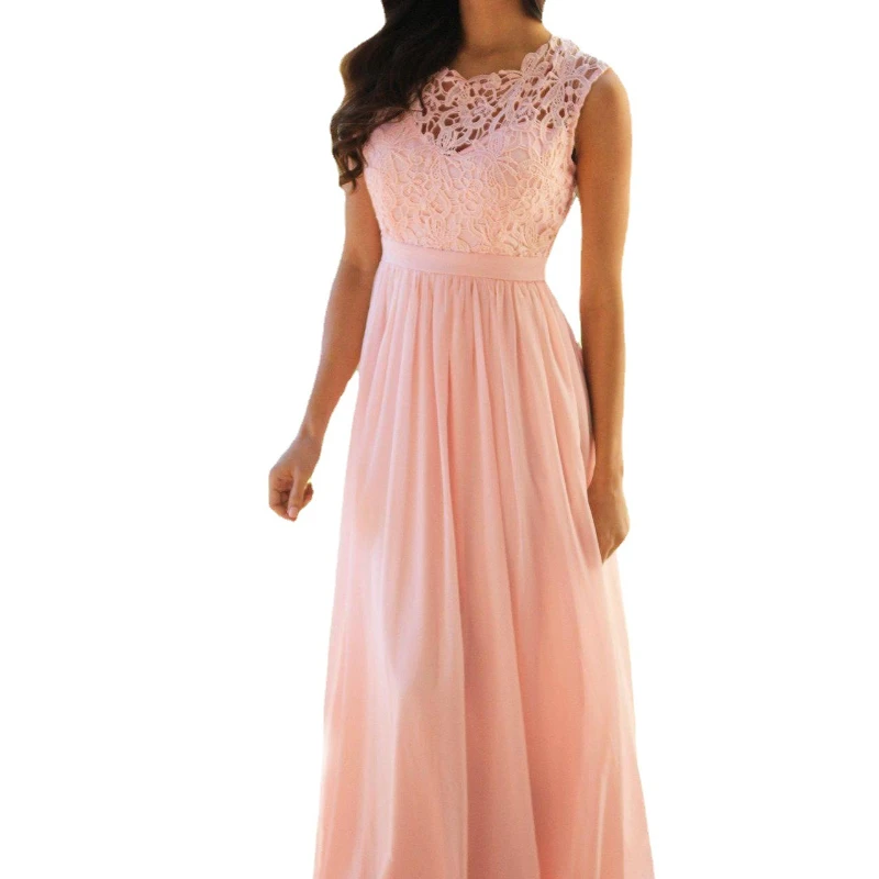 Spring New Round Neck Sexy Lace Chiffon Dress Women's Clothing Elegant Solid Color Middle Waist Perspective Splicing Long Dress