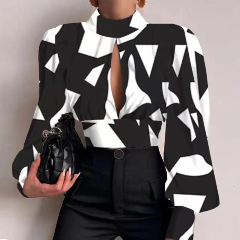 Блузка женская с воротником-стойкой элегантный пикантный пуловер открытой