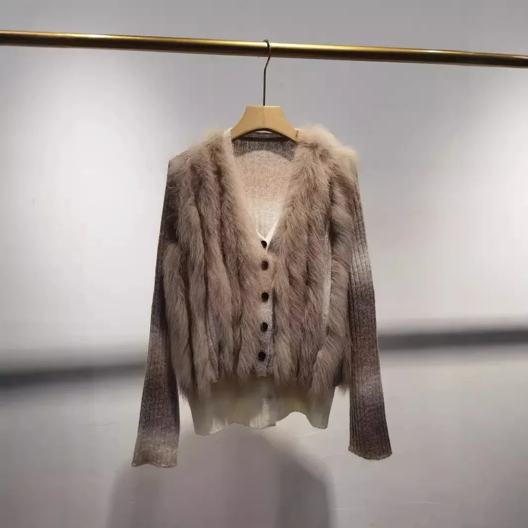 Женский вязаный кардиган из натурального Лисьего меха демисезонный оверсайз с