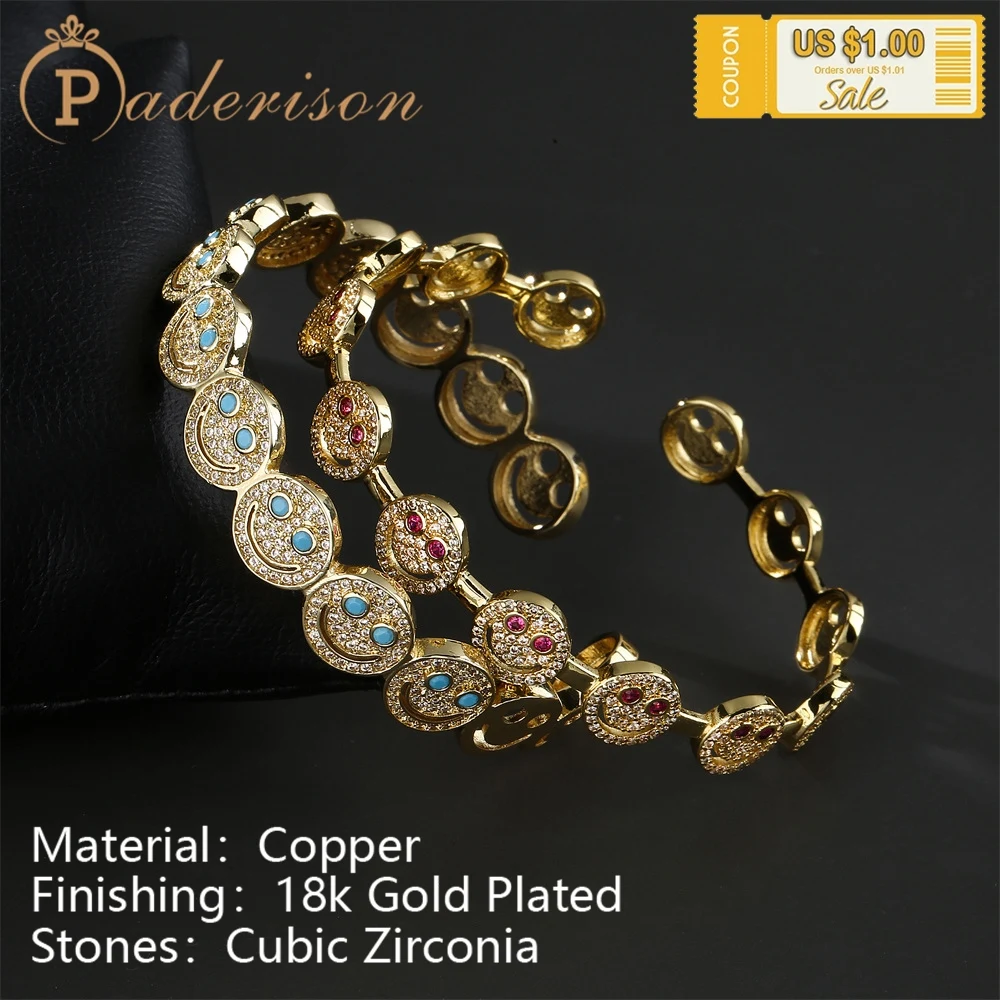 

Trendy Funny Smiling Face Zircon Golden Open Bracelet Copper 18k Gold-plated Adjustable Bracelet Fashion Jewelry Gifts