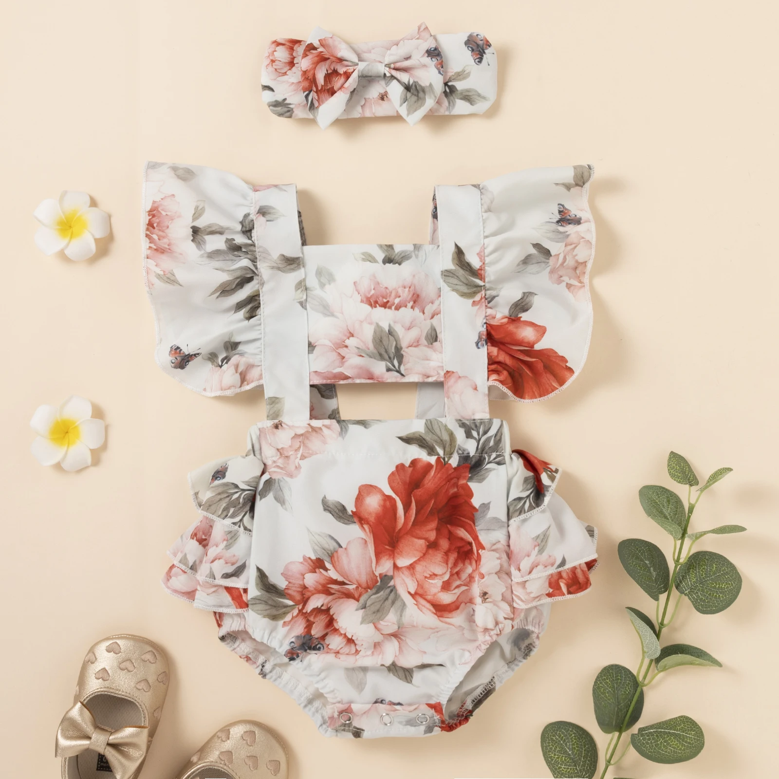 

infant Baby Girls Romper Flower Print Ruffles Jumpsuit Playsuit Headband Cute Girl Clothing Summer Costumes D35