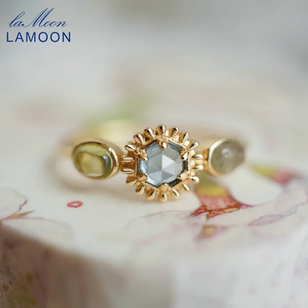 

LAMOON Natural Topaz Rings For Women Peridot Labradorite Gemstone Ring 925 Sterling Silver Gold Plated Wedding Engagement Ring