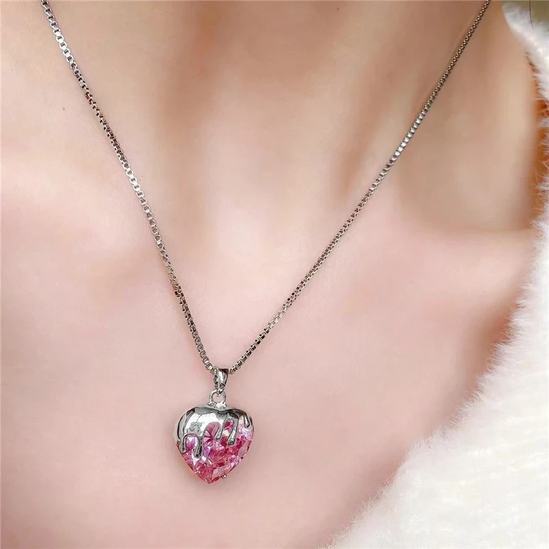 

Korean trend lava three-dimensional heart-shaped pink crystal necklace 925 sterling silver hypoallergenic pendant clavicle chain