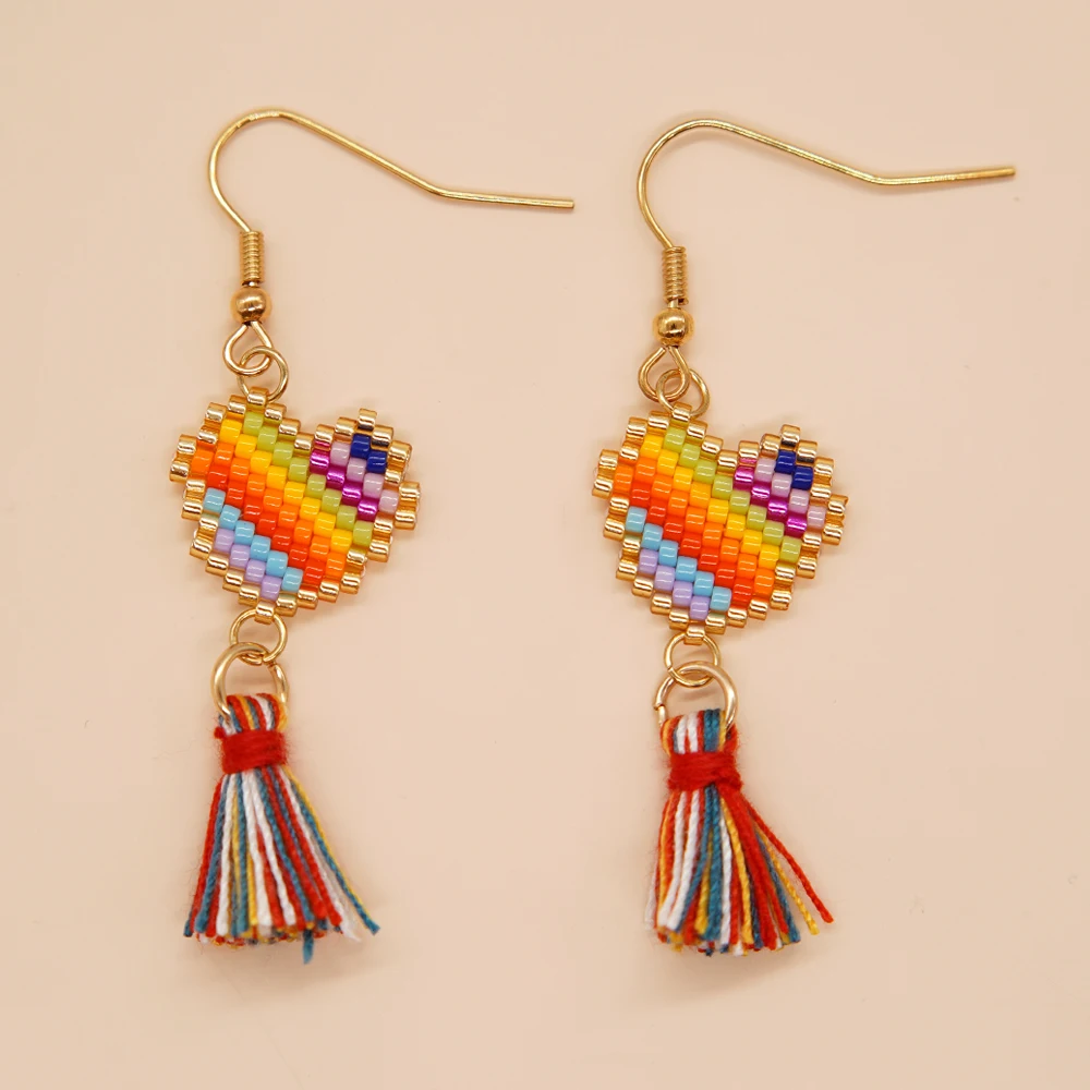 Go2Boho Stripe Peach Heart  Hoop Earring Jewelry Miyuki Beads Handmade Tassel Earrings Gifts For Women