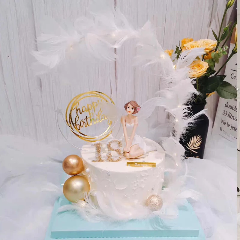 

White Feather Wings Flower Fairy Children's Cake Ornament Girl Birthday Cake Decoration Baking Pearl Plug-in Mini Doll