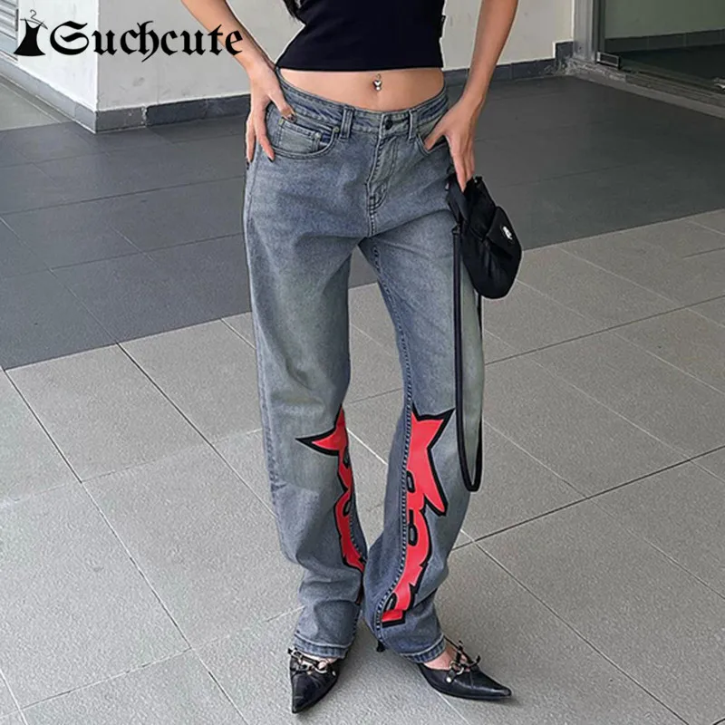 

Милые мешковатые джинсы с розовым принтом, Y2K, низкая посадка, Повседневная Уличная одежда, женские джинсовые брюки с широкими штанинами, ле...